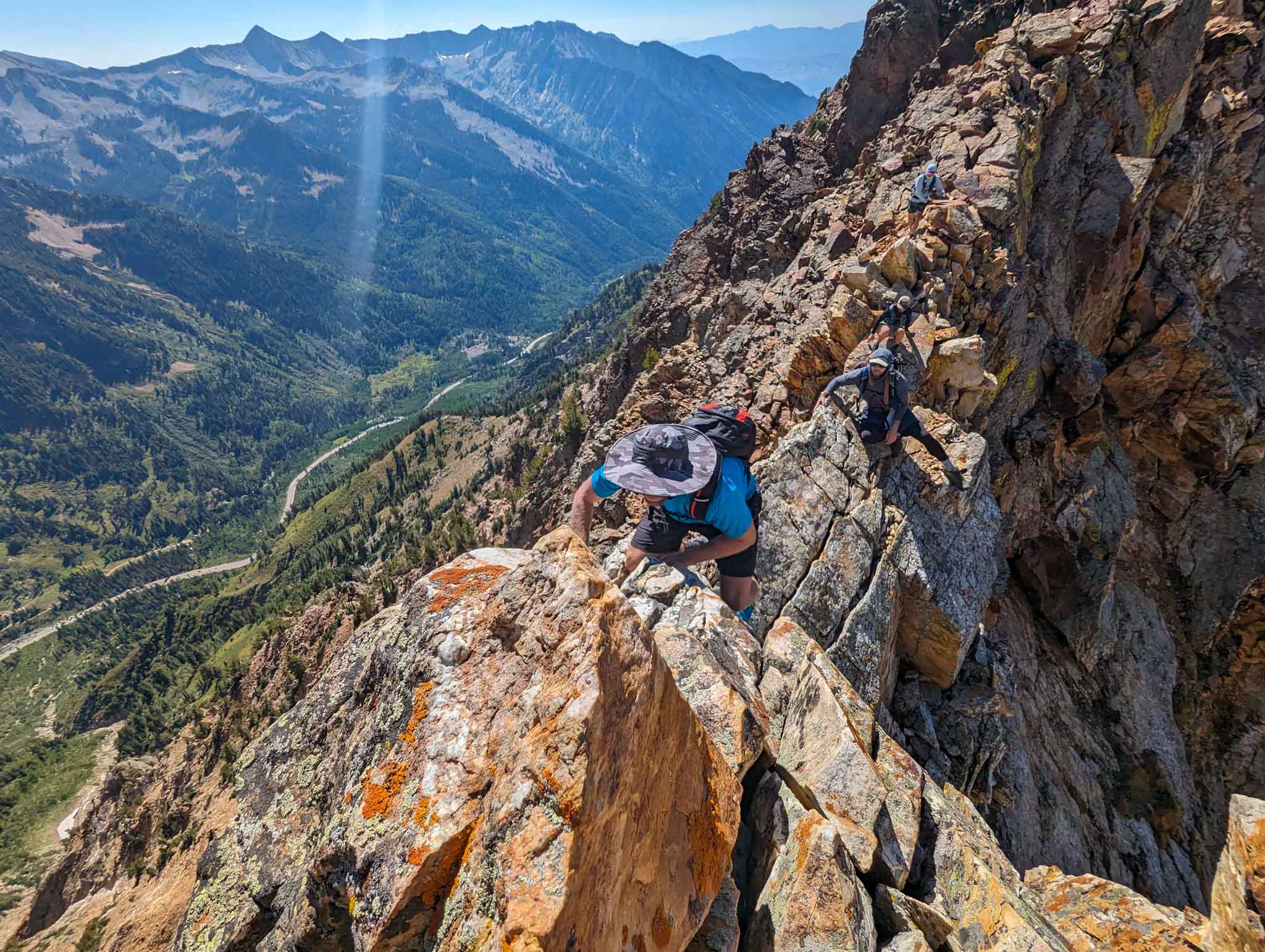 The crux just west of Monte Cristo. These moves have lots of air below, but are very straightforward.