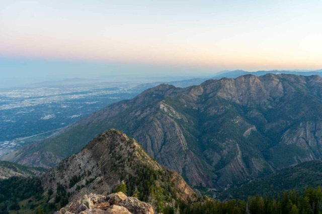 Views into Big Cottonwood and Salt Lake from early on on the ridge heading towards Twin Peaks