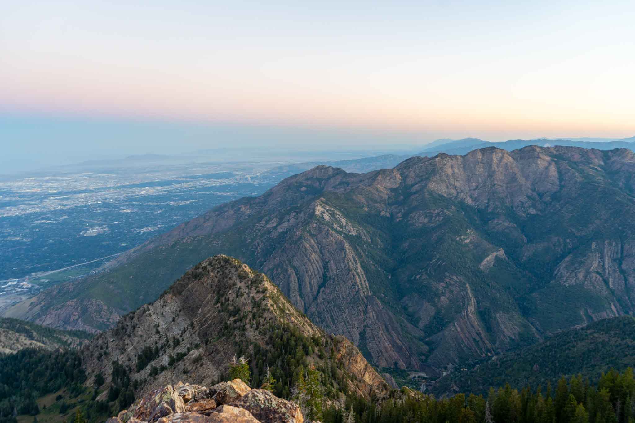 Views into Big Cottonwood and Salt Lake from early on on the ridge heading towards Twin Peaks
